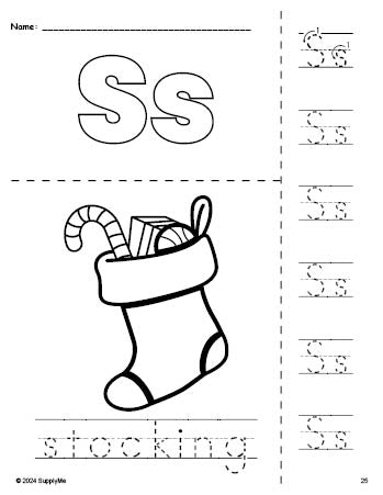 Free printable stocking Christmas coloring page and letter tracing worksheet, letter s worksheet for preschool, pre-k, and kindergarten