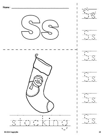 Free printable stocking Christmas coloring page and letter tracing worksheet, letter s worksheet for preschool, pre-k, and kindergarten