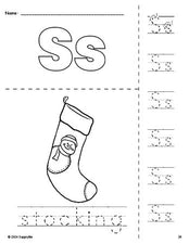 Free printable stocking Christmas coloring page and letter tracing worksheet, letter s worksheet for preschool, pre-k, and kindergarten