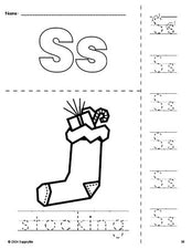 Free printable stocking Christmas coloring page and letter tracing worksheet, letter s worksheet for preschool, pre-k, and kindergarten