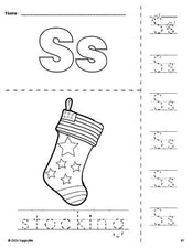 Free printable stocking Christmas coloring page and letter tracing worksheet, letter s worksheet for preschool, pre-k, and kindergarten