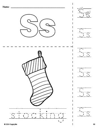 Free printable stocking Christmas coloring page and letter tracing worksheet, letter s worksheet for preschool, pre-k, and kindergarten