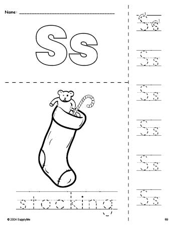 Free printable stocking Christmas coloring page and letter tracing worksheet, letter s worksheet for preschool, pre-k, and kindergarten