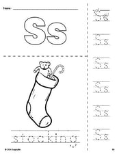 Free printable stocking Christmas coloring page and letter tracing worksheet, letter s worksheet for preschool, pre-k, and kindergarten