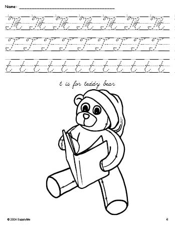 Free printable teddy bear Christmas coloring page, cursive letter tracing worksheet, letter t worksheet for preschool, pre-k, and kindergarten