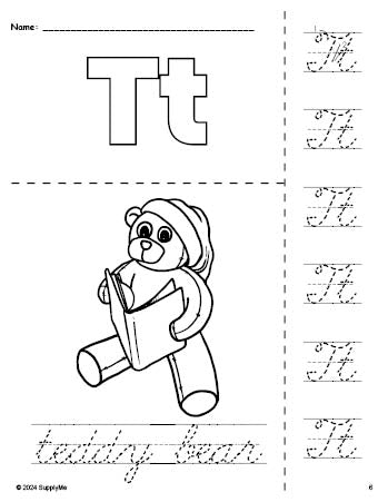 Free printable teddy bear Christmas coloring page and cursive letter tracing worksheet, letter t worksheet for preschool, pre-k, and kindergarten