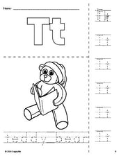 Free printable teddy bear Christmas coloring page and letter tracing worksheet, letter t worksheet for preschool, pre-k, and kindergarten