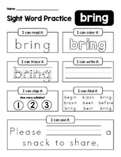 Free printable third grade sight word worksheet, beginner sight word for 3rd graders and high frequency word 'bring', practice sheet includes 6 sight word activities and 1 sight word sentence, fifth 100 fry sight words, Dolch, PDF