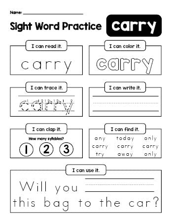 Free printable third grade sight word worksheet, beginner sight word for 3rd graders and high frequency word 'carry', practice sheet includes 6 sight word activities and 1 sight word sentence, third 100 fry sight words, Dolch, PDF