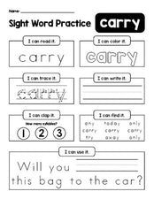 Free printable third grade sight word worksheet, beginner sight word for 3rd graders and high frequency word 'carry', practice sheet includes 6 sight word activities and 1 sight word sentence, third 100 fry sight words, Dolch, PDF