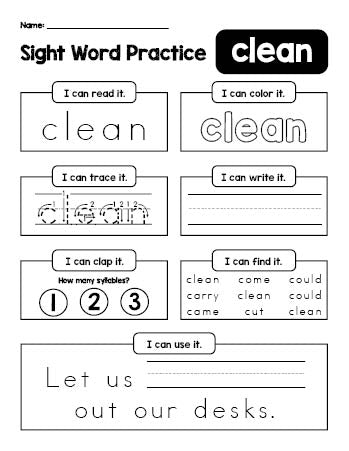 Free printable third grade sight word worksheet, beginner sight word for 3rd graders and high frequency word 'clean', practice sheet includes 6 sight word activities and 1 sight word sentence, eighth 100 fry sight words, Dolch, PDF