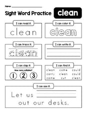 Free printable third grade sight word worksheet, beginner sight word for 3rd graders and high frequency word 'clean', practice sheet includes 6 sight word activities and 1 sight word sentence, eighth 100 fry sight words, Dolch, PDF