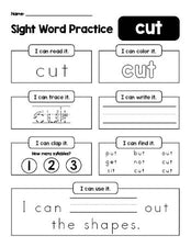 Free printable third grade sight word worksheet, beginner sight word for 3rd graders and high frequency word 'cut', practice sheet includes 6 sight word activities and 1 sight word sentence, third 100 fry sight words, Dolch, PDF