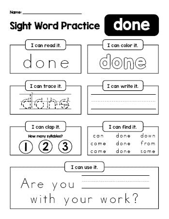 Free printable third grade sight word worksheet, beginner sight word for 3rd graders and high frequency word 'done', practice sheet includes 6 sight word activities and 1 sight word sentence, fifth 100 fry sight words, Dolch, PDF