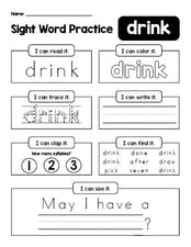 Free printable third grade sight word worksheet, beginner sight word for 3rd graders and high frequency word 'drink', practice sheet includes 6 sight word activities and 1 sight word sentence, Dolch, PDF