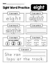 Free printable third grade sight word worksheet, beginner sight word for 3rd graders and high frequency word 'eight', practice sheet includes 6 sight word activities and 1 sight word sentence, ninth 100 fry sight words, Dolch, PDF