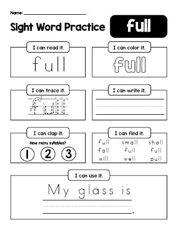 Free printable third grade sight word worksheet, beginner sight word for 3rd graders and high frequency word 'full', practice sheet includes 6 sight word activities and 1 sight word sentence, fifth 100 fry sight words, Dolch, PDF