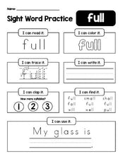 Free printable third grade sight word worksheet, beginner sight word for 3rd graders and high frequency word 'full', practice sheet includes 6 sight word activities and 1 sight word sentence, fifth 100 fry sight words, Dolch, PDF