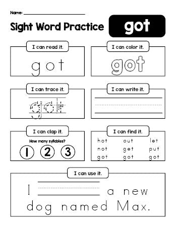 Free printable third grade sight word worksheet, beginner sight word for 3rd graders and high frequency word 'got', practice sheet includes 6 sight word activities and 1 sight word sentence, third 100 fry sight words, Dolch, PDF