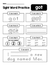 Free printable third grade sight word worksheet, beginner sight word for 3rd graders and high frequency word 'got', practice sheet includes 6 sight word activities and 1 sight word sentence, third 100 fry sight words, Dolch, PDF