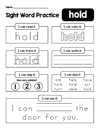 Free printable third grade sight word worksheet, beginner sight word for 3rd graders and high frequency word 'hold', practice sheet includes 6 sight word activities and 1 sight word sentence, fourth 100 fry sight words, Dolch, PDF