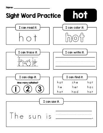 Free printable third grade sight word worksheet, beginner sight word for 3rd graders and high frequency word 'hot', practice sheet includes 6 sight word activities and 1 sight word sentence, fifth 100 fry sight words, Dolch, PDF