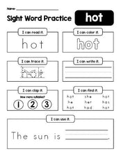 Free printable third grade sight word worksheet, beginner sight word for 3rd graders and high frequency word 'hot', practice sheet includes 6 sight word activities and 1 sight word sentence, fifth 100 fry sight words, Dolch, PDF