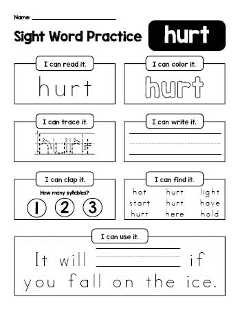 Free printable third grade sight word worksheet, beginner sight word for 3rd graders and high frequency word 'hurt', practice sheet includes 6 sight word activities and 1 sight word sentence, Dolch, PDF