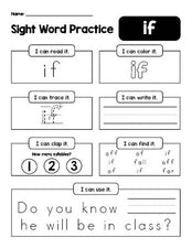 Free printable third grade sight word worksheet, beginner sight word for 3rd graders and high frequency word 'if', practice sheet includes 6 sight word activities and 1 sight word sentence, first 100 fry sight words, Dolch, PDF