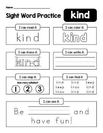 Free printable third grade sight word worksheet, beginner sight word for 3rd graders and high frequency word 'kind', practice sheet includes 6 sight word activities and 1 sight word sentence, second 100 fry sight words, Dolch, PDF