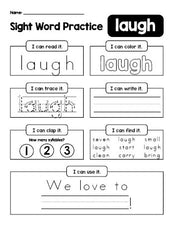 Free printable third grade sight word worksheet, beginner sight word for 3rd graders and high frequency word 'laugh', practice sheet includes 6 sight word activities and 1 sight word sentence, Dolch, PDF