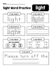 Free printable third grade sight word worksheet, beginner sight word for 3rd graders and high frequency word 'light', practice sheet includes 6 sight word activities and 1 sight word sentence, third 100 fry sight words, Dolch, PDF