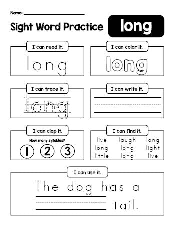 Free printable third grade sight word worksheet, beginner sight word for 3rd graders and high frequency word 'long', practice sheet includes 6 sight word activities and 1 sight word sentence, first 100 fry sight words, Dolch, PDF