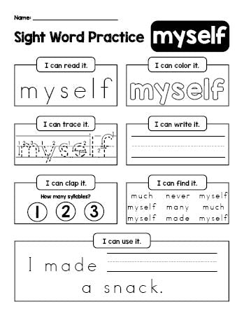 Free printable third grade sight word worksheet, beginner sight word for 3rd graders and high frequency word 'myself', practice sheet includes 6 sight word activities and 1 sight word sentence, Dolch, PDF