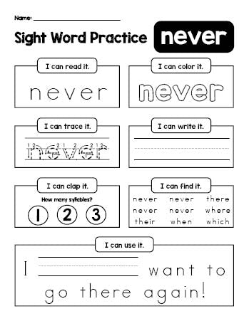 Free printable third grade sight word worksheet, beginner sight word for 3rd graders and high frequency word 'never', practice sheet includes 6 sight word activities and 1 sight word sentence, third 100 fry sight words, Dolch, PDF