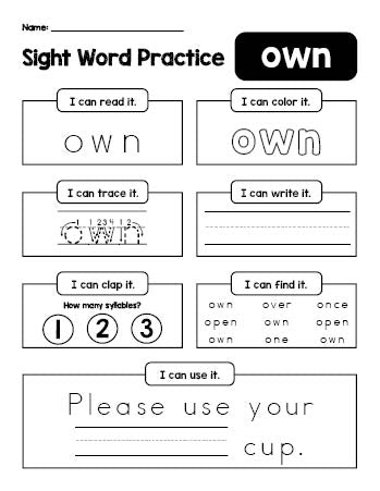 Free printable third grade sight word worksheet, beginner sight word for 3rd graders and high frequency word 'own', practice sheet includes 6 sight word activities and 1 sight word sentence, third 100 fry sight words, Dolch, PDF