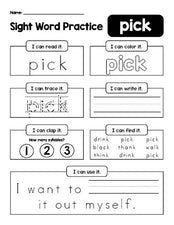 Free printable third grade sight word worksheet, beginner sight word for 3rd graders and high frequency word 'pick', practice sheet includes 6 sight word activities and 1 sight word sentence, Dolch, PDF