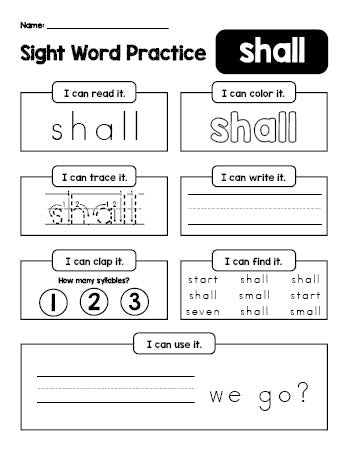 Free printable third grade sight word worksheet, beginner sight word for 3rd graders and high frequency word 'shall', practice sheet includes 6 sight word activities and 1 sight word sentence, sixth 100 fry sight words, Dolch, PDF