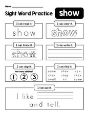 Free printable third grade sight word worksheet, beginner sight word for 3rd graders and high frequency word 'show', practice sheet includes 6 sight word activities and 1 sight word sentence, second 100 fry sight words, Dolch, PDF