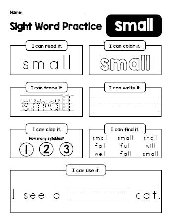 Free printable third grade sight word worksheet, beginner sight word for 3rd graders and high frequency word 'small', practice sheet includes 6 sight word activities and 1 sight word sentence, second 100 fry sight words, Dolch, PDF