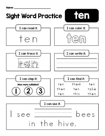 Free printable third grade sight word worksheet, beginner sight word for 3rd graders and high frequency word 'ten', practice sheet includes 6 sight word activities and 1 sight word sentence, fifth 100 fry sight words, Dolch, PDF