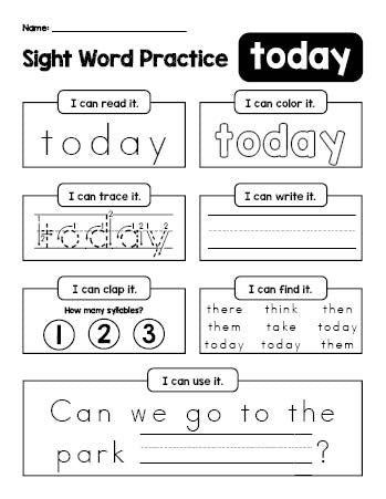 Free printable third grade sight word worksheet, beginner sight word for 3rd graders and high frequency word 'today', practice sheet includes 6 sight word activities and 1 sight word sentence, fourth 100 fry sight words, Dolch, PDF