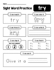 Free printable third grade sight word worksheet, beginner sight word for 3rd graders and high frequency word 'try', practice sheet includes 6 sight word activities and 1 sight word sentence, second 100 fry sight words, Dolch, PDF