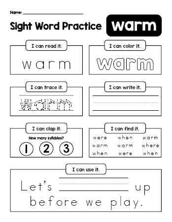 Free printable third grade sight word worksheet, beginner sight word for 3rd graders and high frequency word 'warm', practice sheet includes 6 sight word activities and 1 sight word sentence, fifth 100 fry sight words, Dolch, PDF