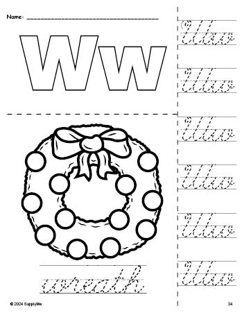 Free printable wreath Christmas coloring page and cursive letter tracing worksheet, letter w worksheet for preschool, pre-k, and kindergarten