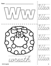 Free printable wreath Christmas coloring page and cursive letter tracing worksheet, letter w worksheet for preschool, pre-k, and kindergarten