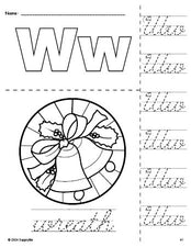 Free printable wreath Christmas coloring page and cursive letter tracing worksheet, letter w worksheet for preschool, pre-k, and kindergarten