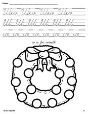 Free printable wreath Christmas coloring page, cursive letter tracing worksheet, letter w worksheet for preschool, pre-k, and kindergarten