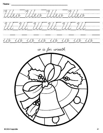 Free printable wreath Christmas coloring page, cursive letter tracing worksheet, letter w worksheet for preschool, pre-k, and kindergarten