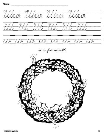 Free printable wreath Christmas coloring page, cursive letter tracing worksheet, letter w worksheet for preschool, pre-k, and kindergarten